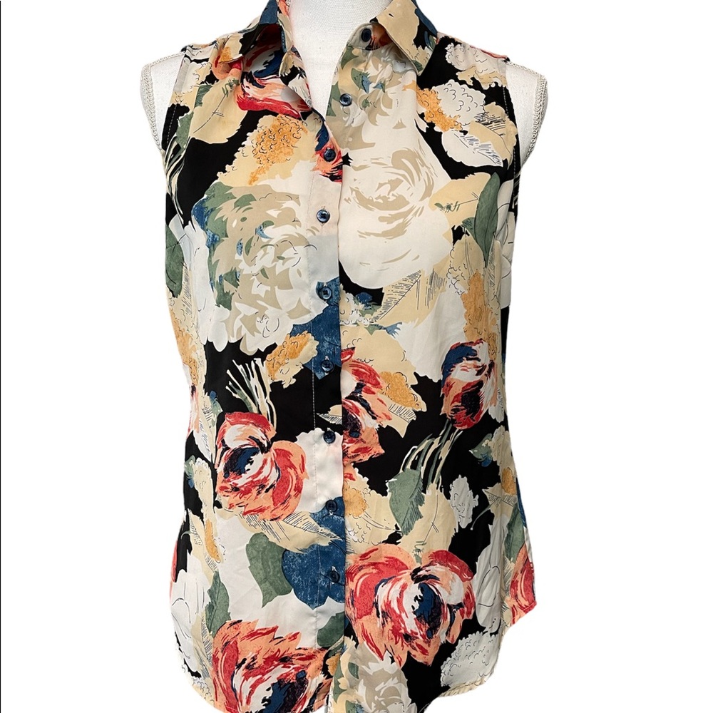 CYNTHIA ROWLEY SLEEVELESS FLORAL PATTERNED TOP, SIZE SMALL
